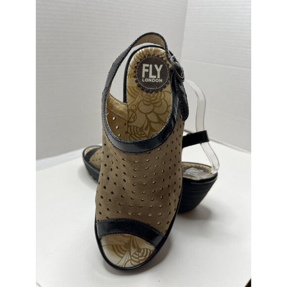 Fly London Yile Black Tan Suede Perforated‎ Leather Wedge Heel Sandals Size 37 - Picture 8 of 8